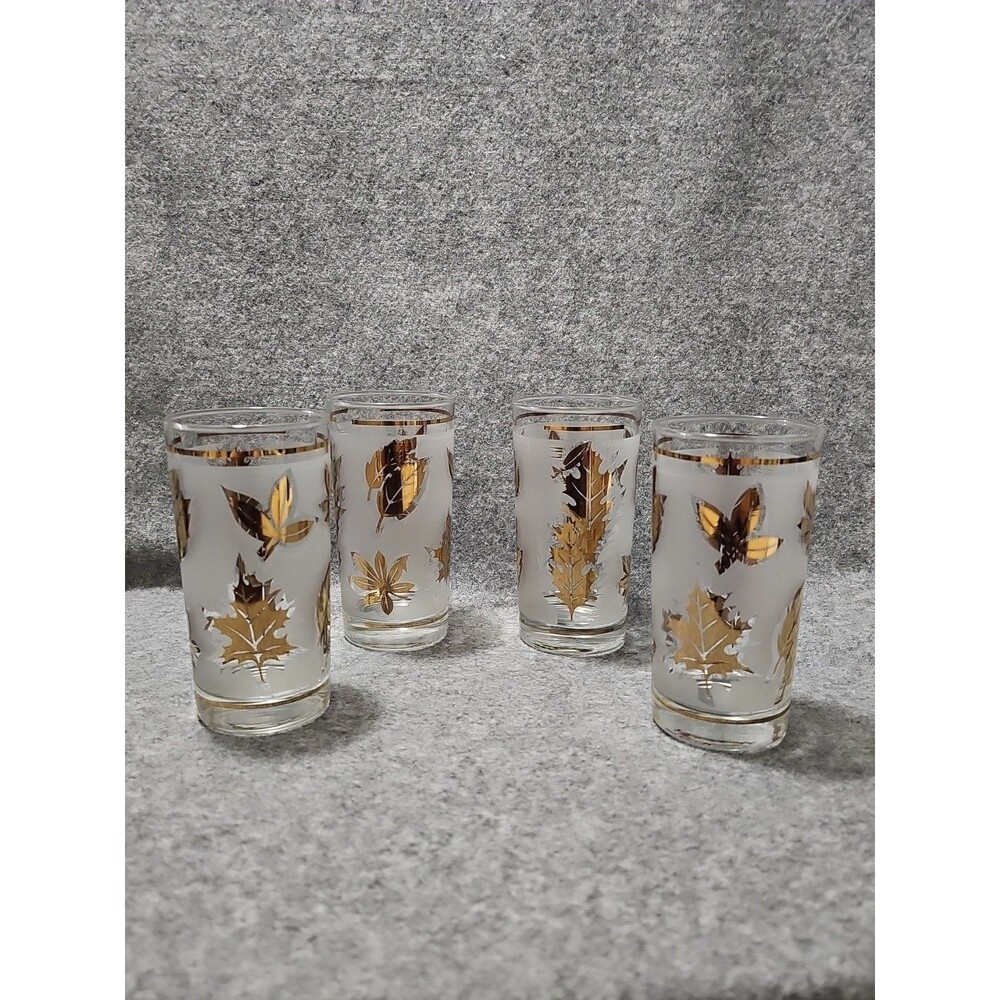 MCM Gold Colored Leaf 4 Vtg  Libbey Frosted  Foliage Glasses.